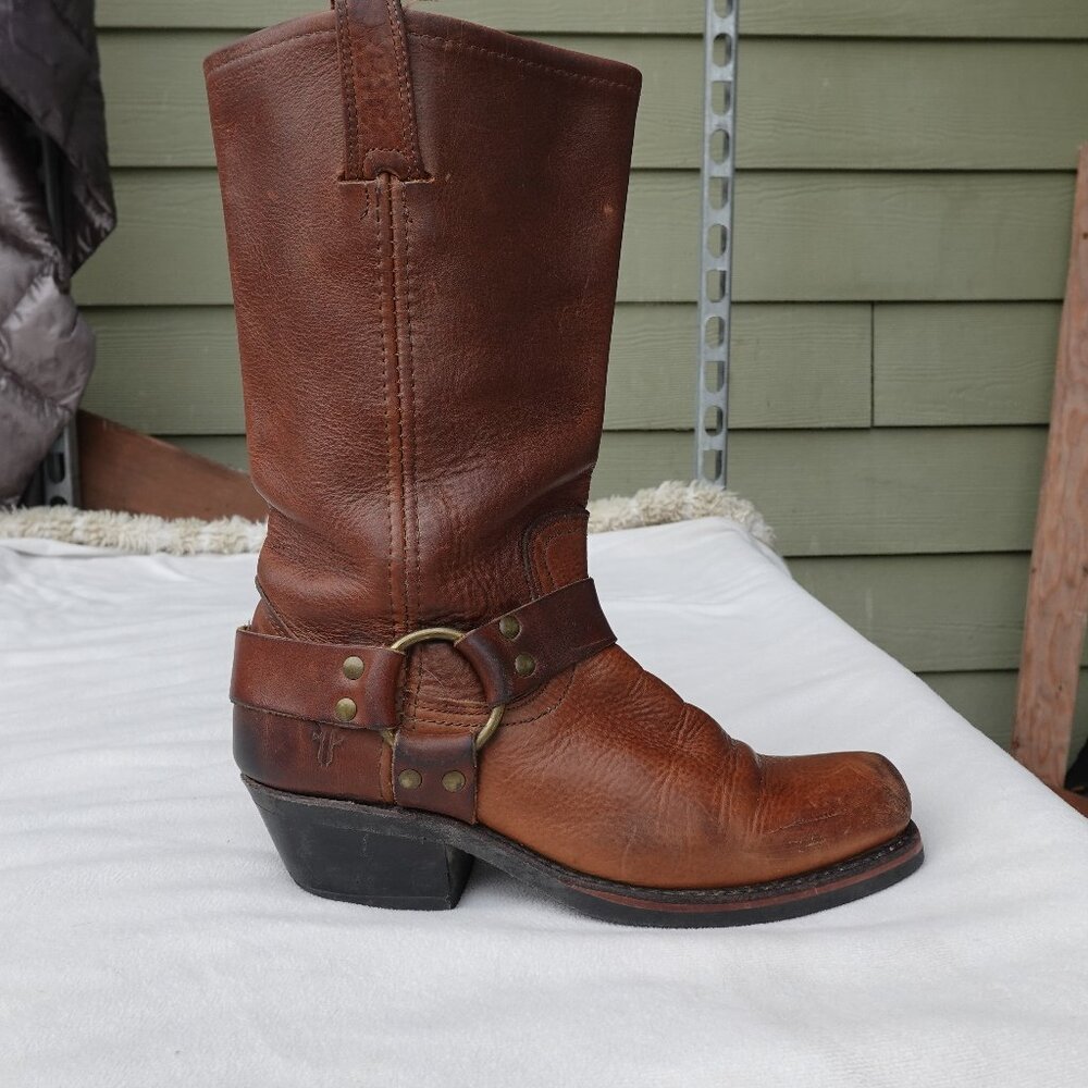 FRYE Tan Leather Square Toe Harness Boot Moto Riding Women's Size 7M